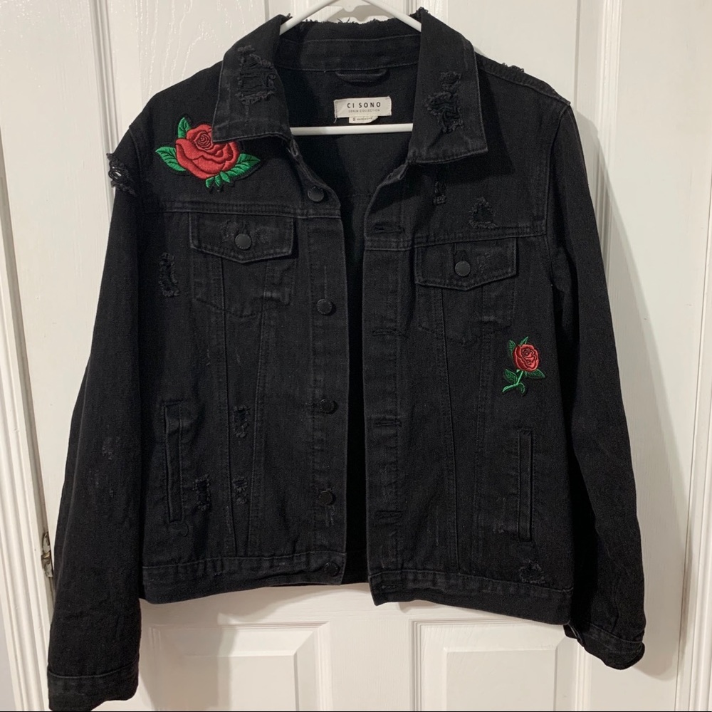 Black Distressed Embroidered Denim Jacket